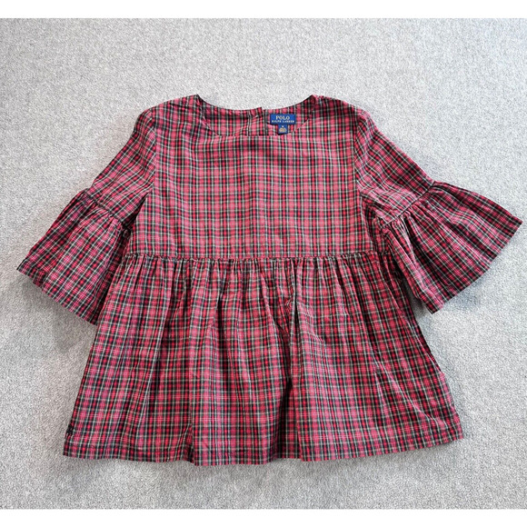 Polo Ralph Lauren Girls Peplum Top Size 16 Red Plaid Bell Sleeves Holiday Button - Picture 1 of 8